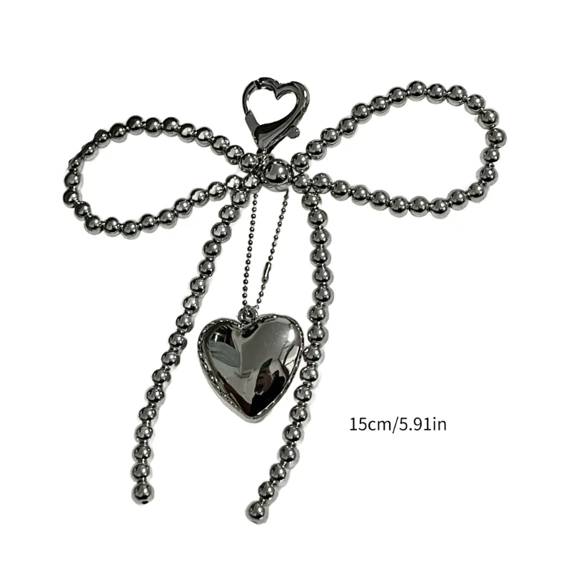 Sweet Bowknot Heart Keychain Pendant Lovely Beaded Hanging Decorations Keyring Charm for Women Purse Bag Backpack Handbag