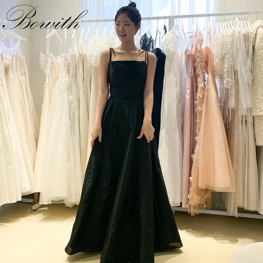 

Bowith Spaghetti Straps Black Korean Evening Dresses Satin Photoshoot A Line Wedding Party Dresses Floor Length Customized