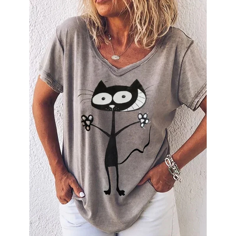 Fashion Woman Blouses T-shirt For Women\'s 3D Cats Printed Black Kawaii V-neck T Shirt Female Clothing Oversized Summer Tops Tees