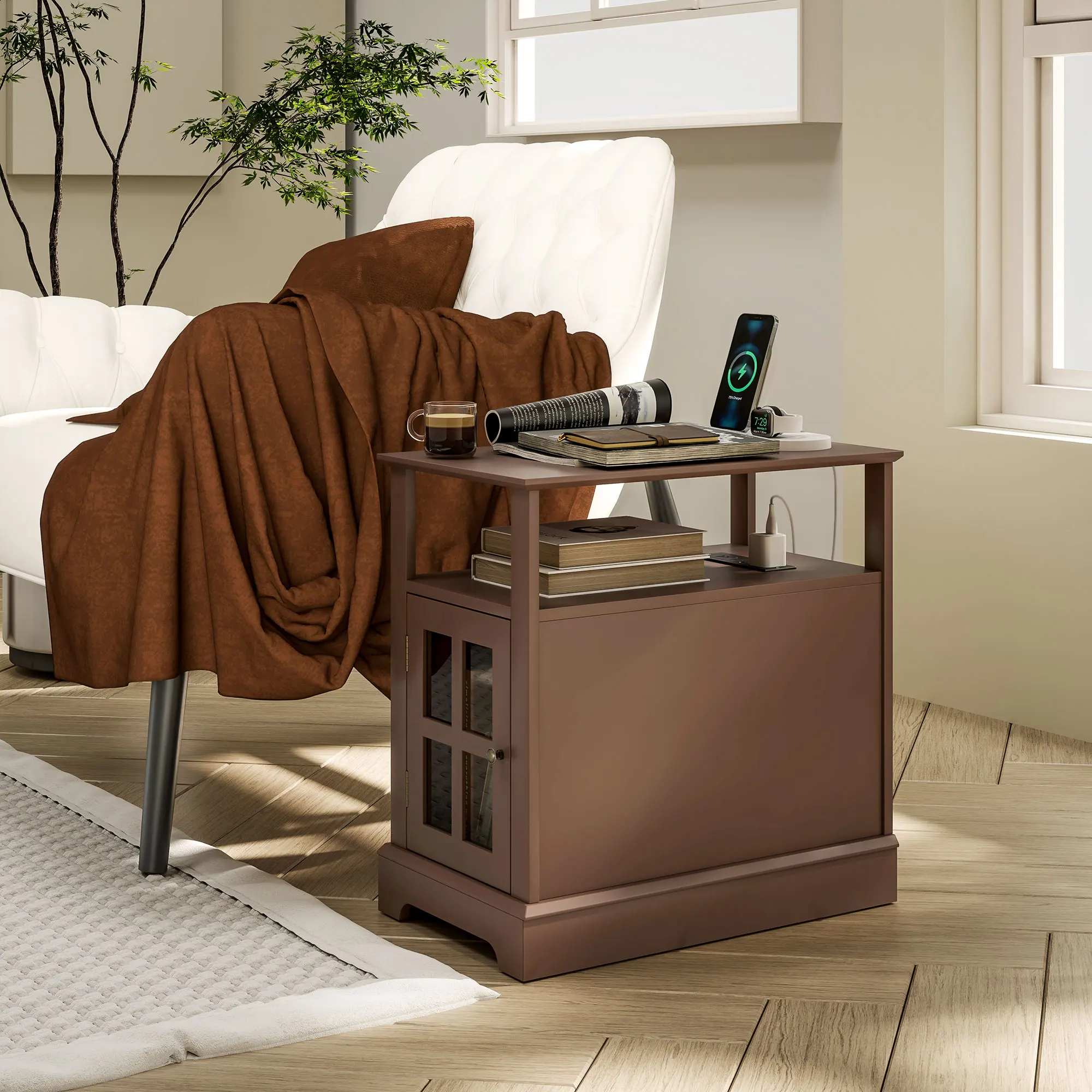 Homcom End Table with Charging Station, Narrow Side Table with USB Ports and Outlets, Small Table with Hidden Storage and Open Shelf for Living Room, Brown
