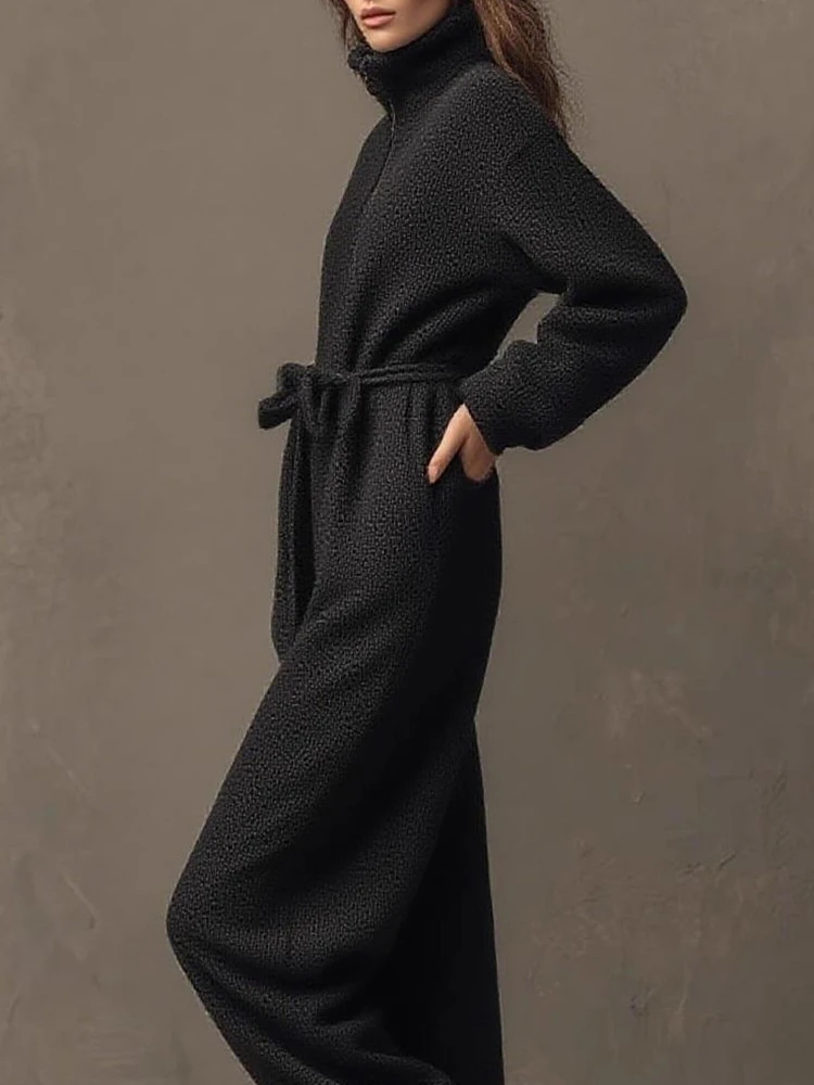 الخريف الشتاء الرياضة نمط الصلبة حللا الأزياء الوقوف طوق سستة Playsuits وزرة سيدة طويلة الأكمام فضفاضة تخفيف السروال القصير