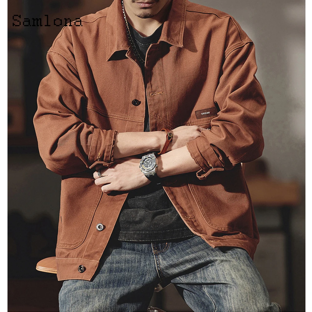 

2025 Men's Stand Pocket Casual Vintage Demin Shirt Jackets Dark Brown Notched Basic Top Outerwear Demin Clothing Plus Size S-7XL