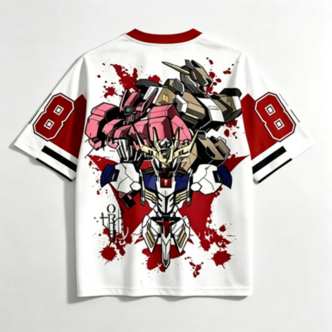 Gundam Barbatos ASW-G-08 Mesh White Red V-neck Anime Iron Blood Orphan Mech Printed Digital 8 Cosplay Fan Top