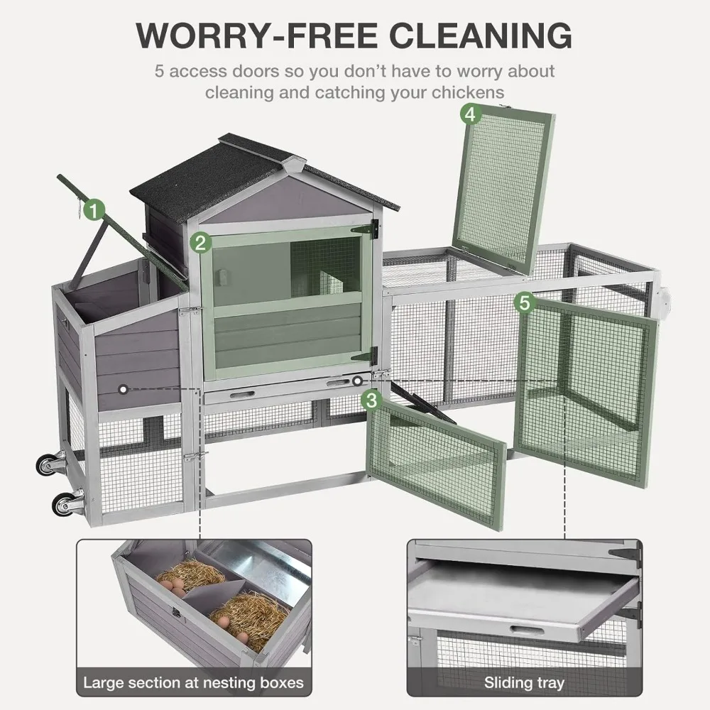 قفص الدواجن الخارجي بعجلات، وصندوق التعشيش، وصينية مانعة للتسرب، وسقف مقاوم للماء - رمادي #3