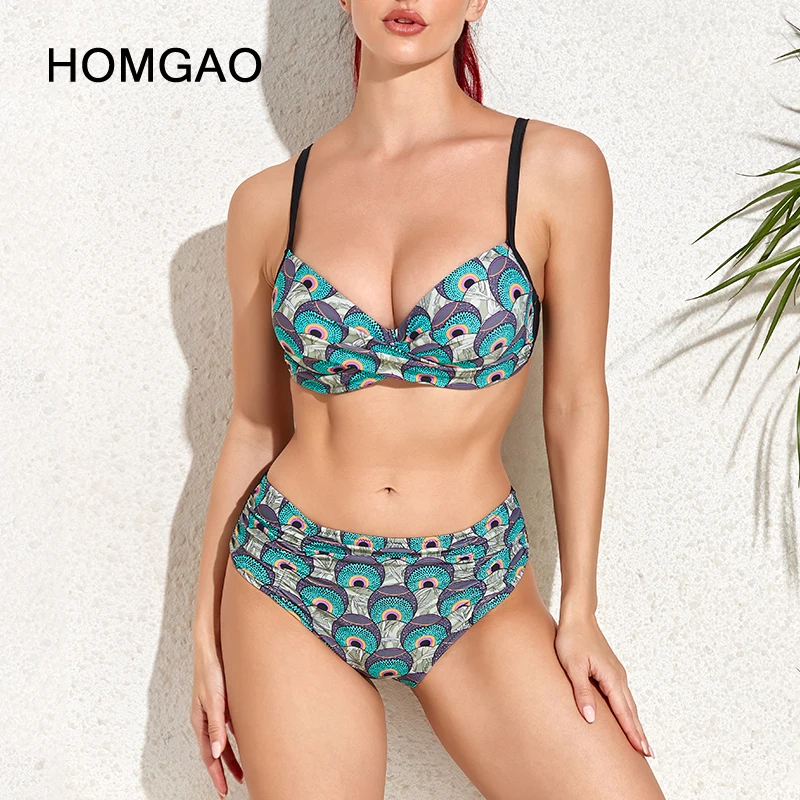 

HOMGAO 2022 New Sexy Bikinis Retro Print Swimwear Women Swimsuit Mid Waist Large Cup Bathing Suit Beachwear Swimming Biquini 3XL