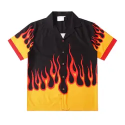 Summer Tops Young Style Men Shirt Short Sleeves Single-breasted  Trendy Fire Pattern Color Matching Men Tops