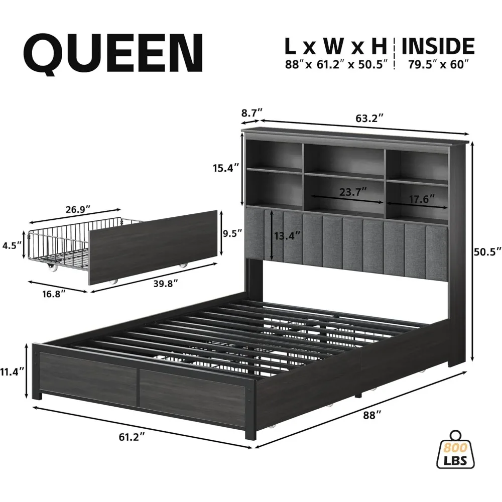 Queen Bed Frame with Storage Headboard, 4 Storage Drawers & LED Charging Station, No Box Spring Needed, Wood Bed Frame