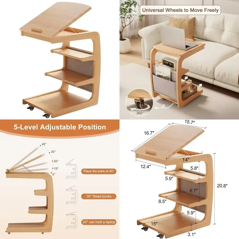 Modern C Shaped Coffee Table with Wheels Small 4 Tier Solid Wood Living Room Side Table with Storage Bag