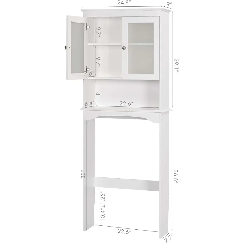 Over The Toilet Storage Cabinet, Above Toilet Storage Shelf with Glass Doors, Behind Toilet Bathroom Organizer, White