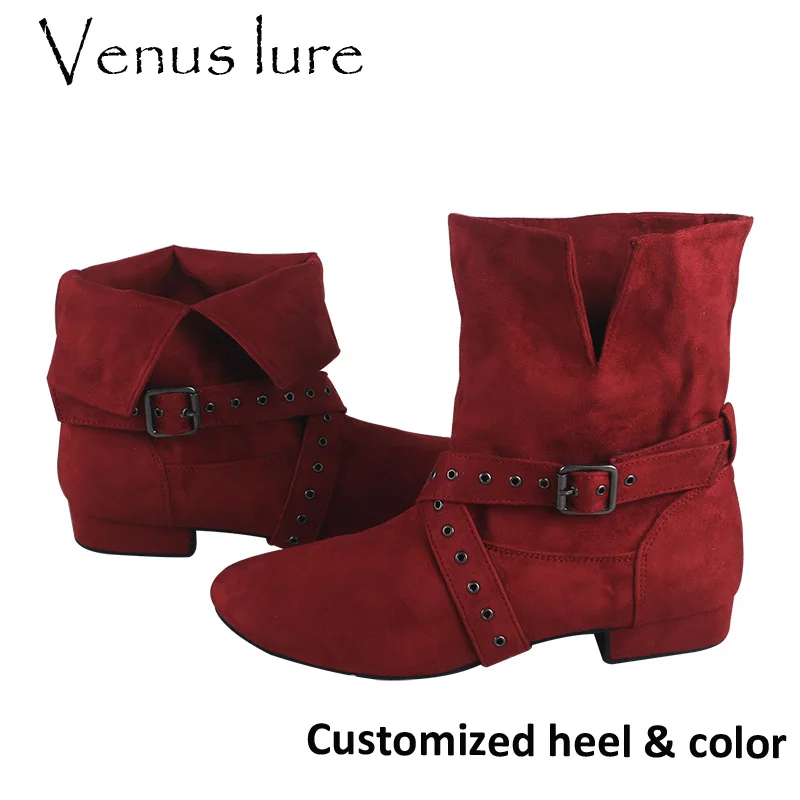 

Customized Heel Standard Wine Red Ballroom Women's Line Dancing Boots Salsa Western Country Suede Short Dance Shoes Boots