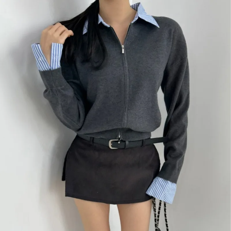 Maglione coreano da donna lavorato a maglia Ne aperto sul davanti Patchwork a righe Falso in due pezzi lungo Sve Autunno Inverno Top