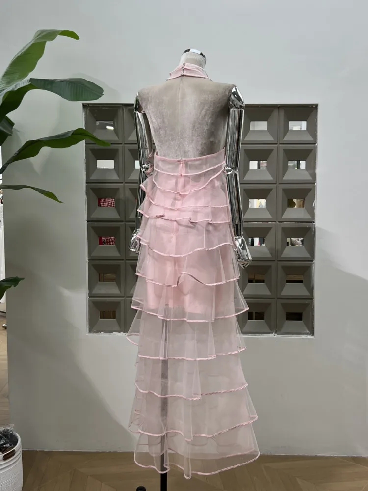 DFDG Vestido feminino elegante halter sem costas em camadas, vestido fluido de praia para convidados de casamento, resort de férias com babados, primavera verão 2025