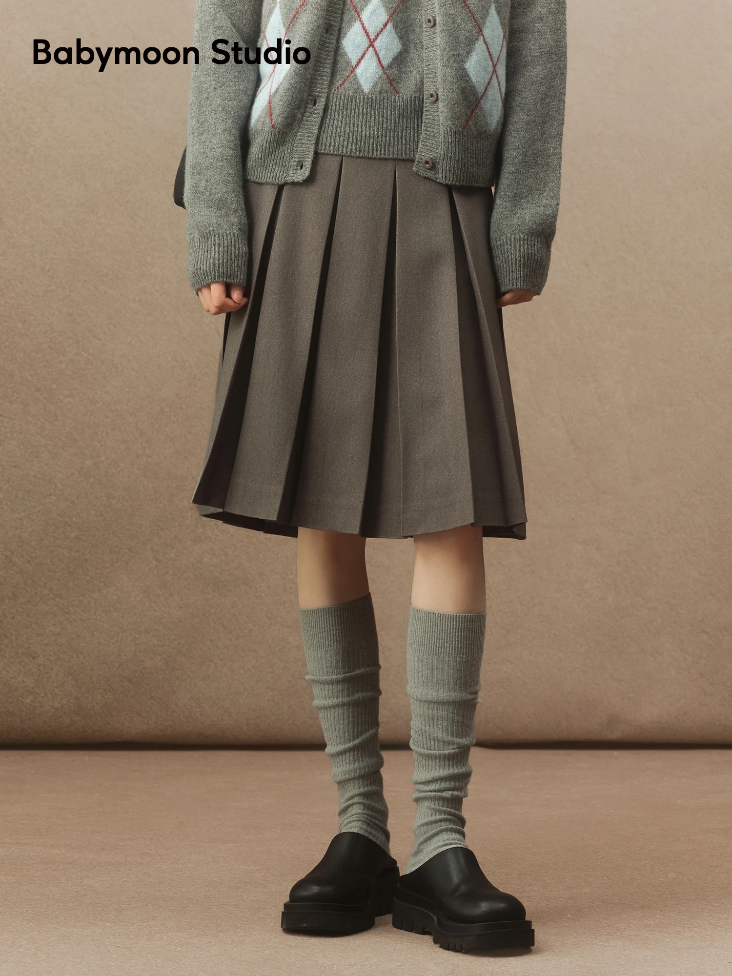 

Babymoon Grey Pleated Midi Skirt Women's Beautiful Half-length A-line Skirt Casual Style Polyester Fiber mid Waist Design