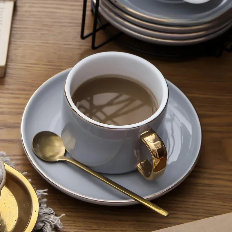 Ceramic Coffee Cup Teacup Saucer Set Gold Trim Green Porcelain Coffee Milk Cup 200ml