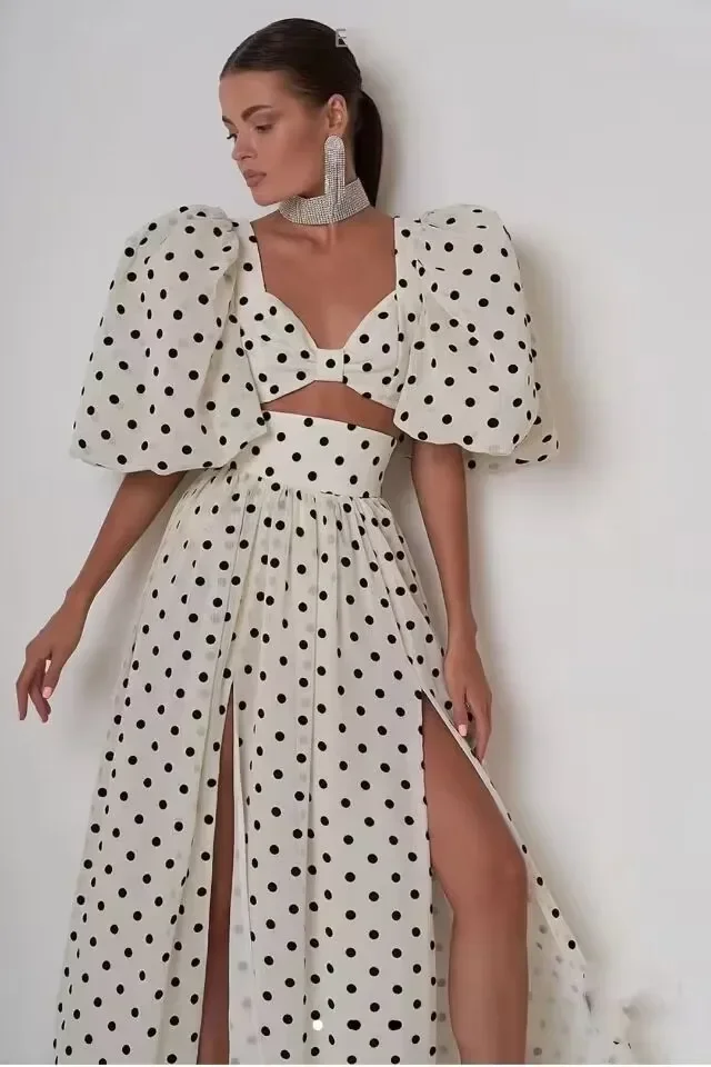 Fashion 2023 Puffy Sleeve Loose Casual Long Dress Lady Robes Black Polka Dot A Line Dress Women High Waist Summer Maxi Dresses