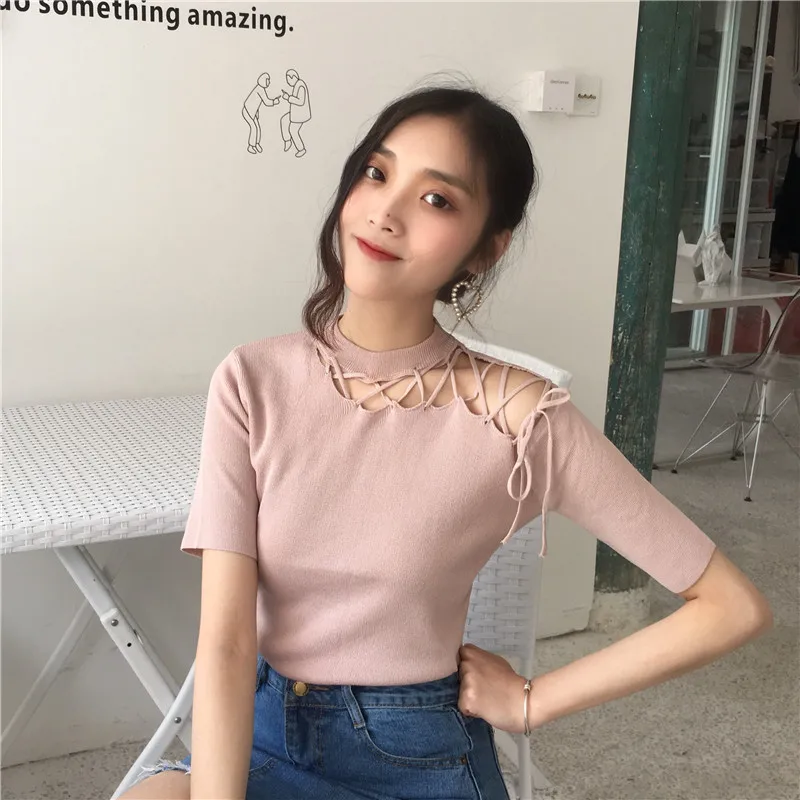 Korean Chic Hollow Out Bandage T Shirts Summer New Short Sleeve Solid Off Shoulder Slim Fashion Tops Y2K Sexy Women Clothing