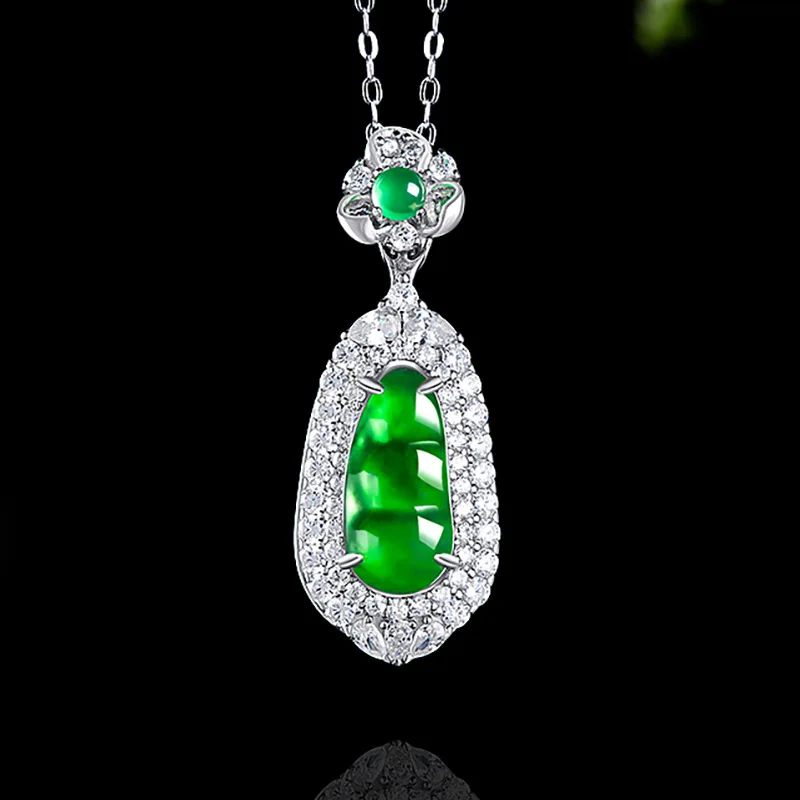 Natural a Cargo Emerald Sauteed Green Beans Stone S925 Silver Jade Pendant Women's Necklace