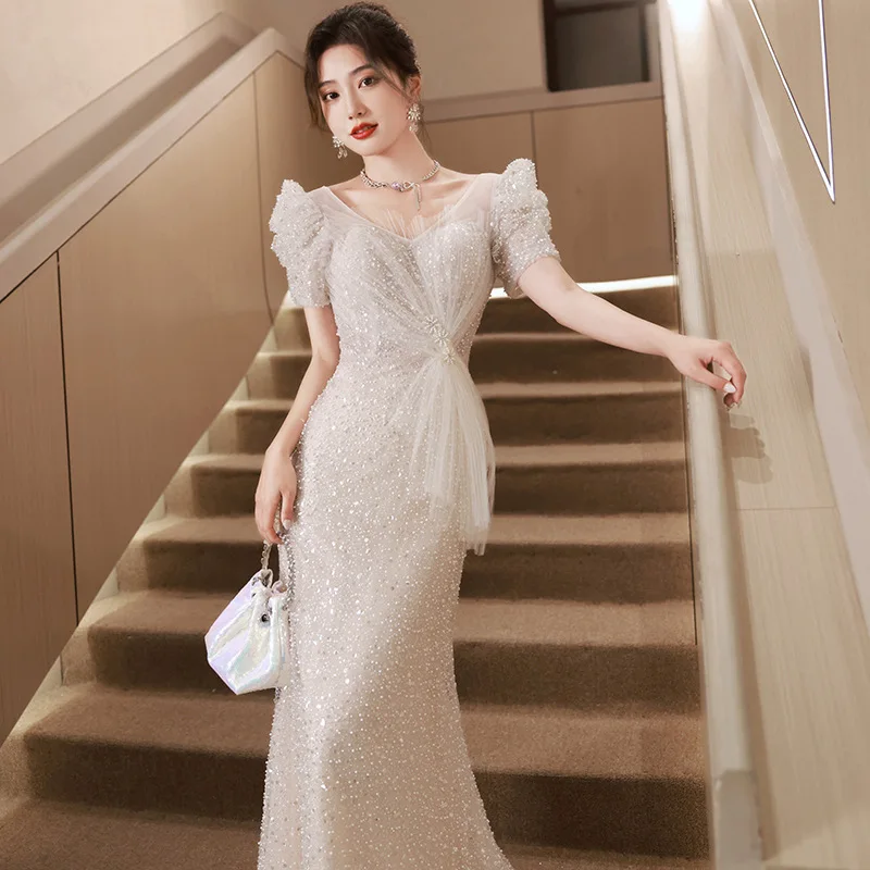 

Sequins Mermaid Dress Women V-Neck Slim Fit Floor-length Evening Dresses Luxury Wedding Party Fishtail Gowns