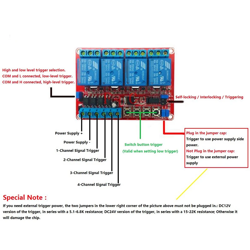 4 road interlock switch self-locking triad relay module 12V relay high and low level trigger