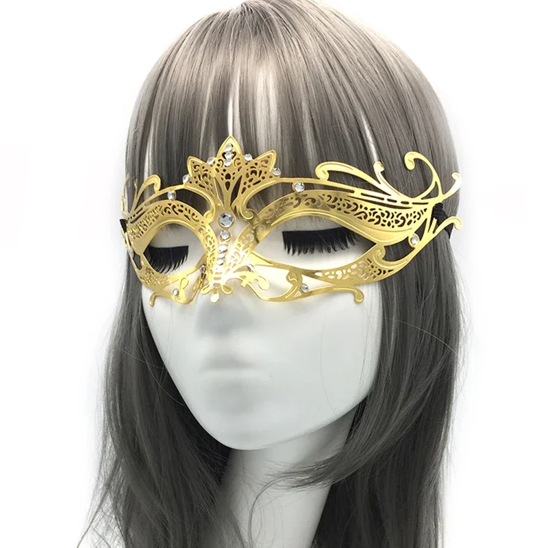 1 Goldene Metallmaske Halloween Strass Halbgesichtsmaske Venezianische Maske Weiße Herrenmaske Damen-Partymaske Halloween-Requisite – Detail 5
