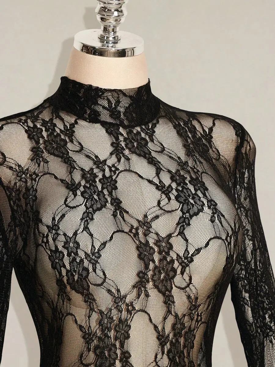 

Black Sheer Lace High Neck Long Sleeve Mini Dress For Women Elegant Party Evening Wear