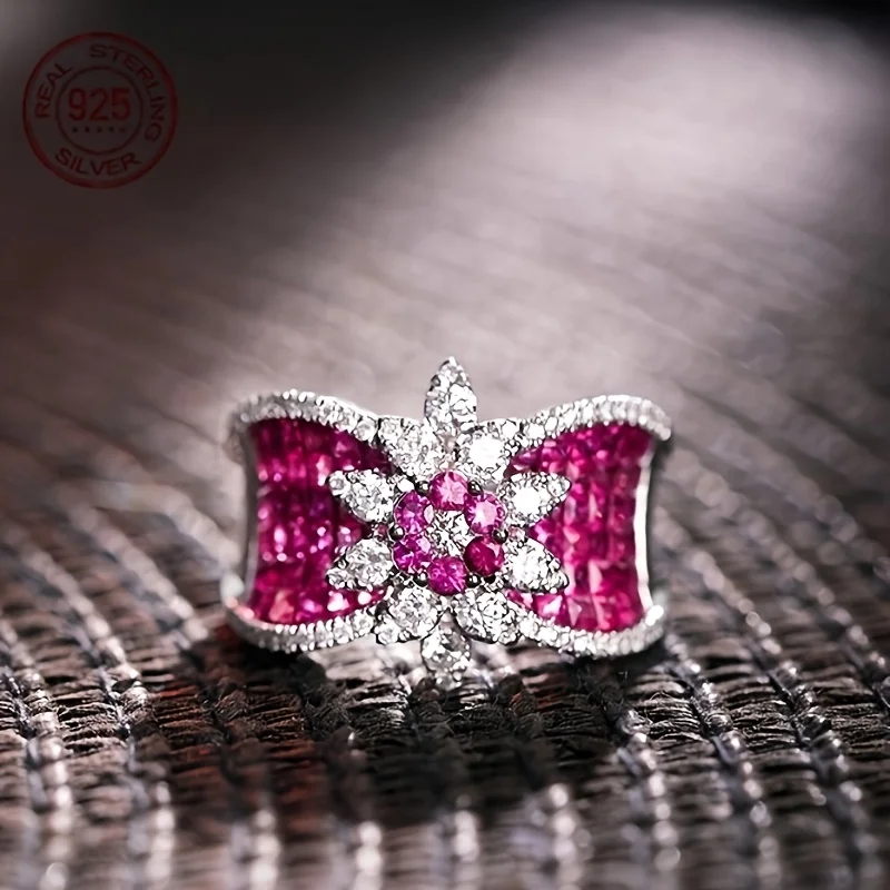 

Fashion Design 925 Sterling Silver Sunflower Rings Dazzling Red Zircon Inlay White Gold Plated Wedding Promise Finger Ring