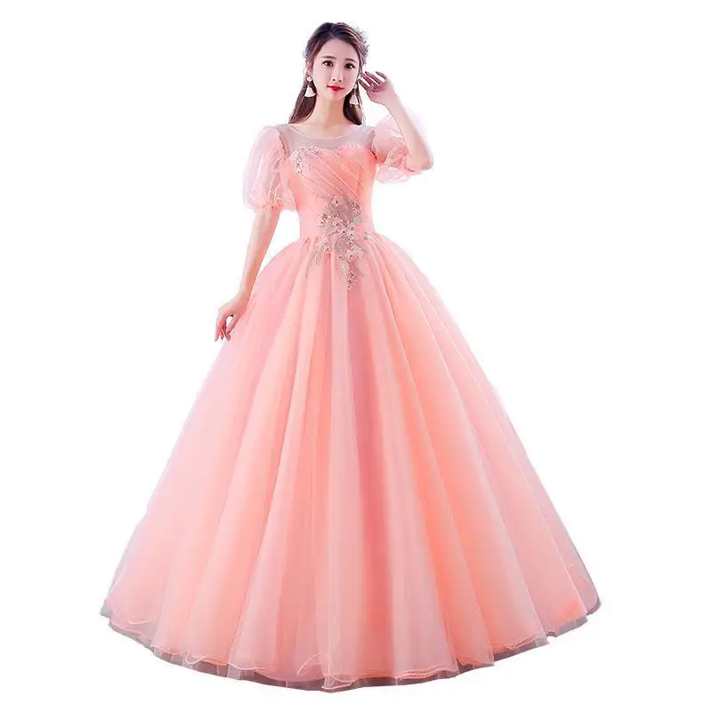 Vestido de baile rosa brilhante para meninas, vestidos Quinceanera, manga curta, apliques de cristal com renda, vestido doce de 16 anos