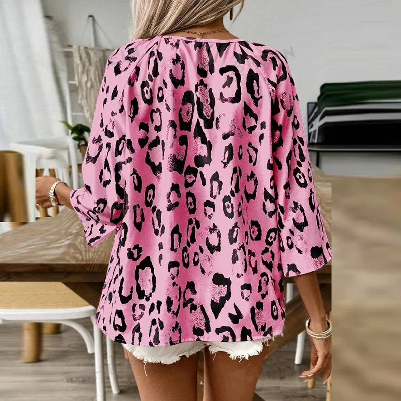 Elegant Leopard Printed Blouses Women Fashion V Neck 3/4 Sleeve Loose Pullover Tops Autumn Casual Shirts For Women