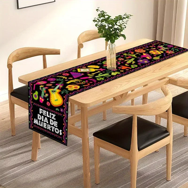1Pc Mexican Style Table Runner Black Feliz Dia De Muertos Print Table Cover For Party Dining Table Decoration Tabletop Decor