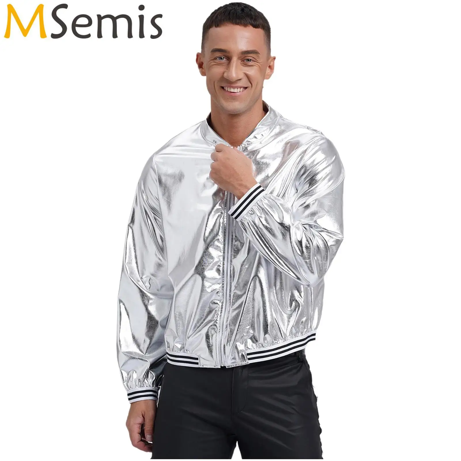 

Jackets Mans Vintage Men's Clothing Metallic Shiny Bomber Baseball Coat Tops Front Zipper Striped Band Outerwear Costumes
