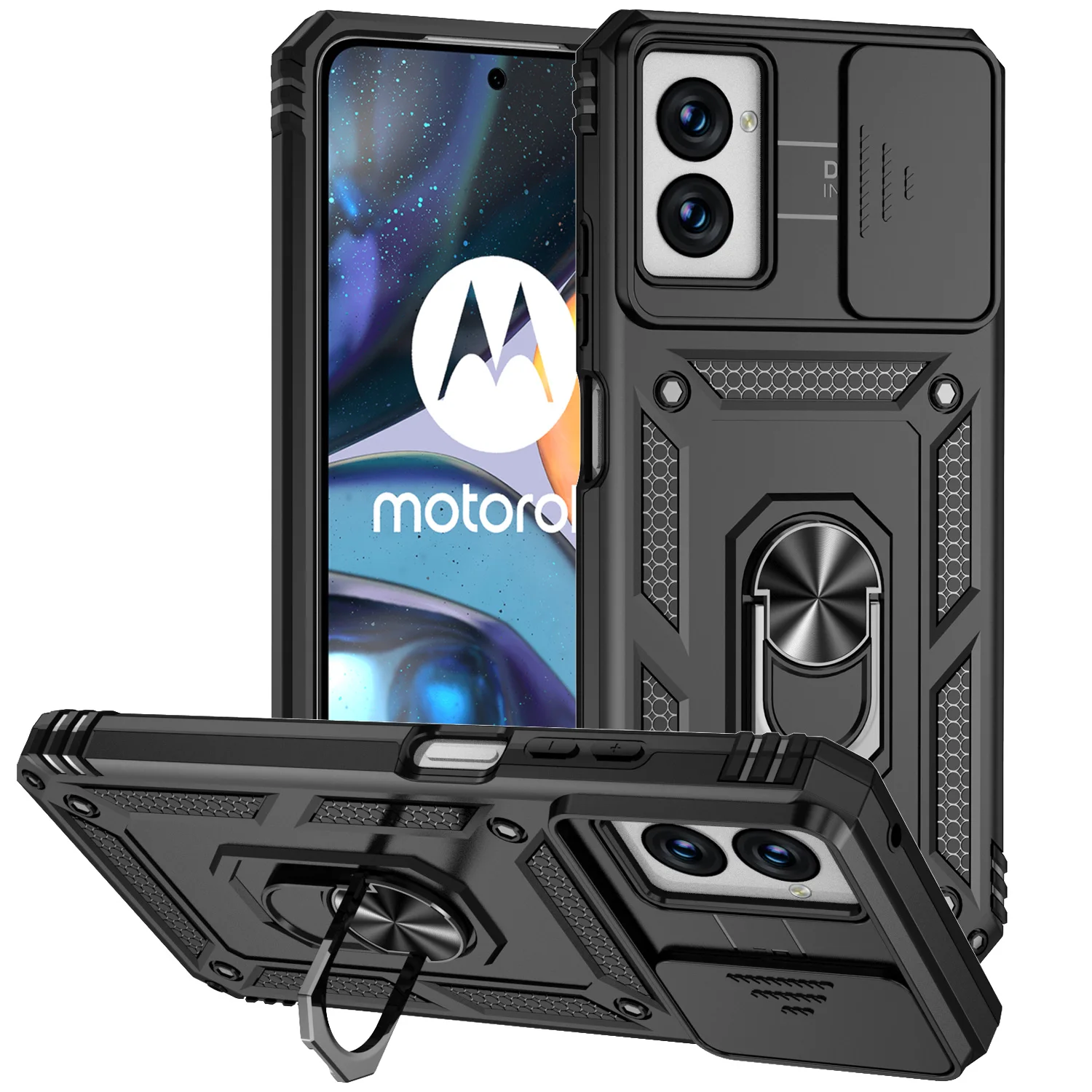 Military Slide Push Window Shockproof Phone Case For Motorola Moto G Power Play Stylus 5G 2024 Metal Ring Holder Back Cover