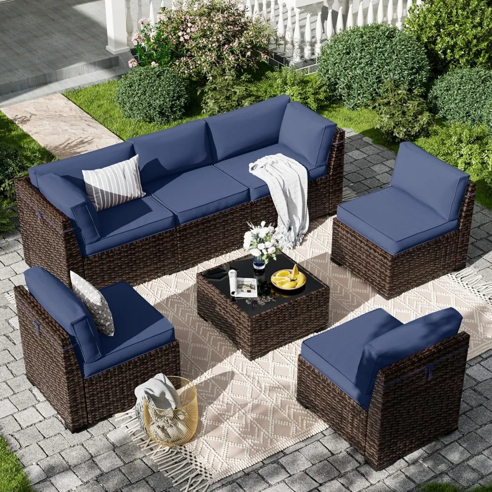 

7 Pieces Patio Furniture Set, Outdoor Furniture Sectional Rattan Sofa with Slanted Back, Patio Couch with Glass Coffee Table