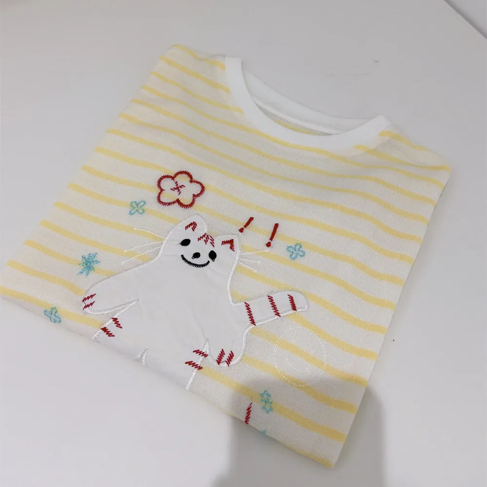 

kids clothes girls baby tops cooling fabric Linen Chiffon linen fabric Sunscreen T-shirt Cartoon Embroidered Girl's T-shirt