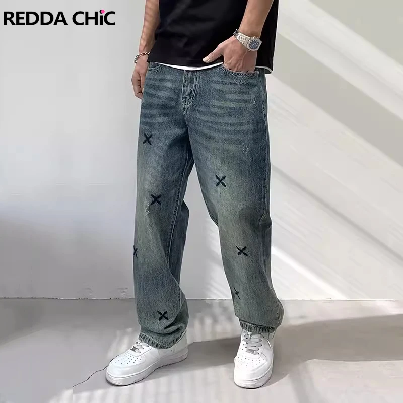 REDDACHIC Hiphop Men Cross Embroidered Straight Jeans Brushed Cleanfit Frayed Denim Pants Retro Y2k Trousers Korean Streetwear