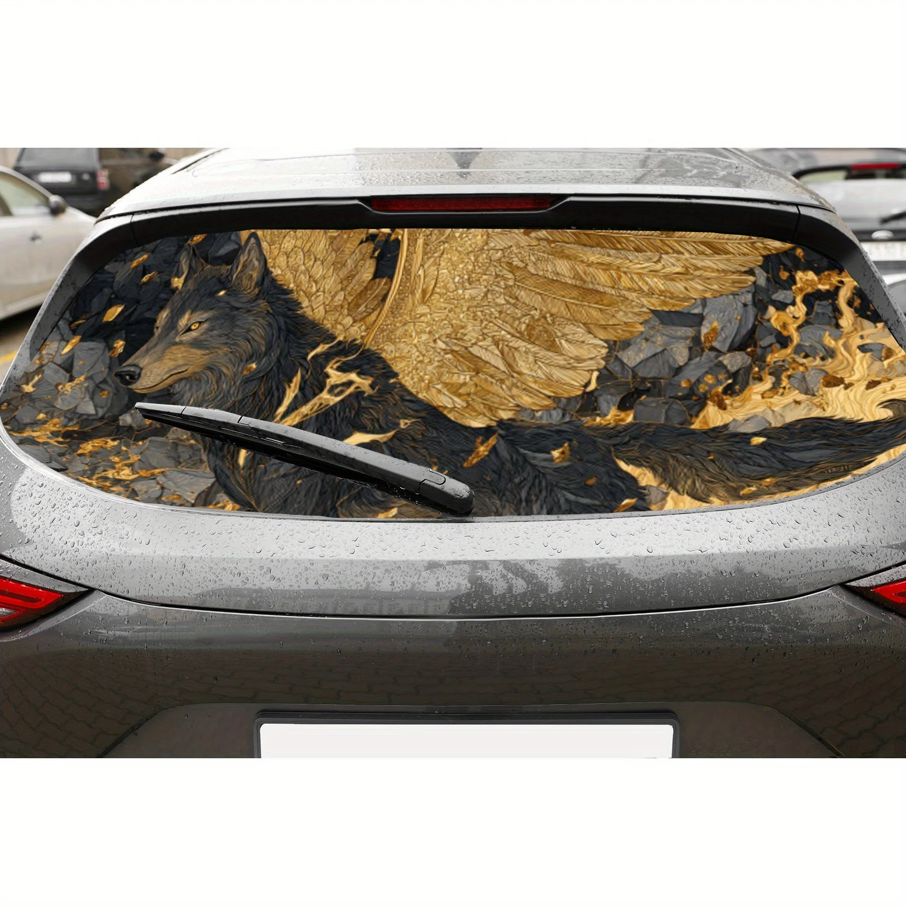 

Виниловая наклейка на заднее окно автомобиля «Золотой крылатый серый волк», модная автонаклейка, водонепроницаемая самоклеящаяся и устойчивая к царапинам Aut