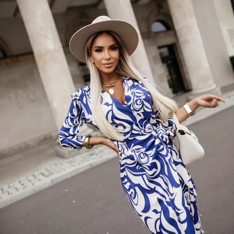 Nuevo vestido de otoño para mujer con cuello en V y cordones con abertura en la cintura con estampado de manga corta