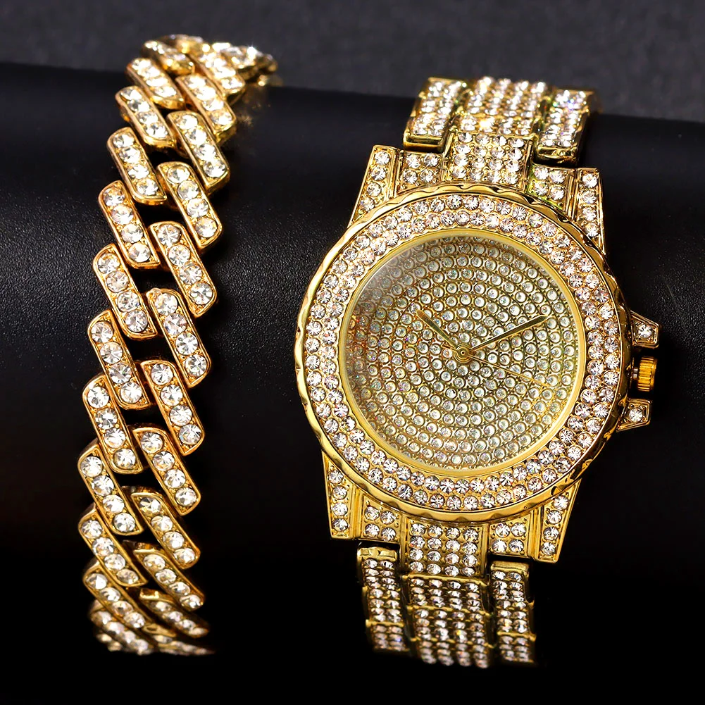 Women Luxury Iced Out Watches Bracelet Set Gold Silver Color Full Rhinestone Cuban Chain Bracelet Wristwatch Relogio Feminino