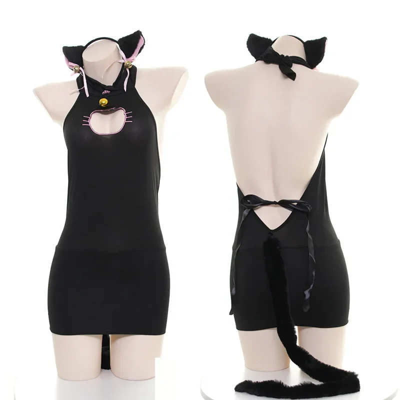 Sexy Kat Meisje Cosplay Kostuum Neko Bodysuit Outfit Voor Vrouwen Sweet Lolita Anime Holle Borst Jurk Met Staart Lingerie Set