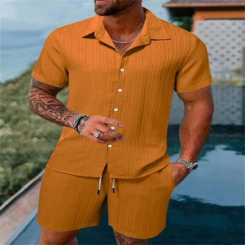 New Men's Cotton Linen Striped Short Sleeved Shirt and Shorts Two-piece Set, Summer Luxury Fashion Casual Loose Beach Shorts