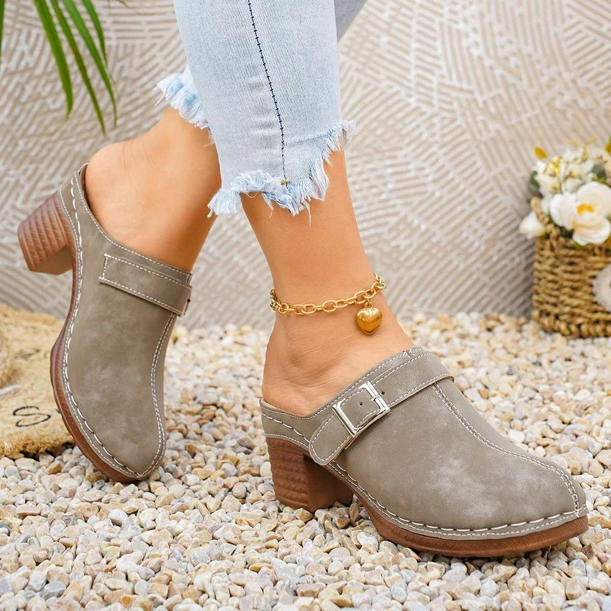 Damen Mules Pantoletten mit hohem Blockabsatz, geschlossene Zehenpartie, zum Hineinschlüpfen, Vintage, Sommer, lässig, bequeme Gehschuhe, Größe 36-43 – Detail 30