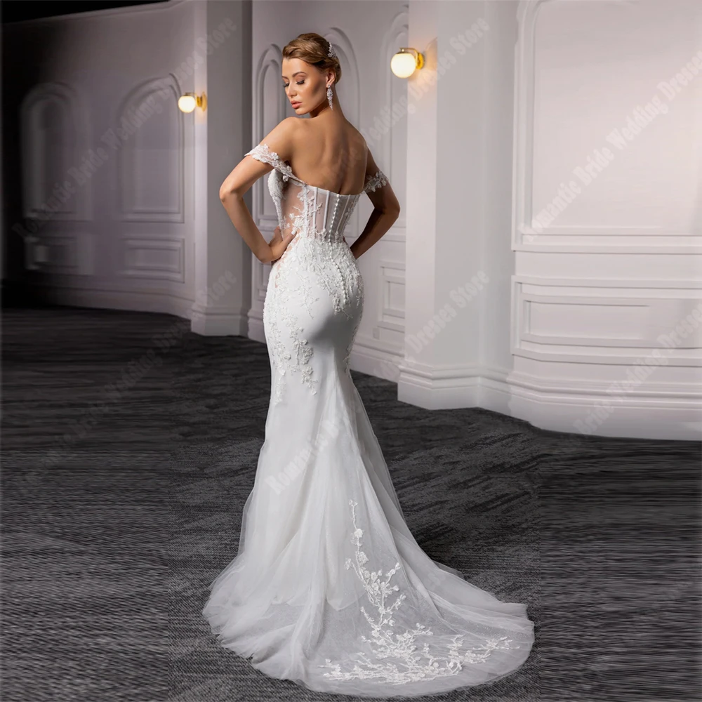 Illusion personalizzazione abiti da sposa da donna con spalle scoperte abiti da sposa a sirena Sexy Appliques di pizzo senza maniche Vestidos De Novia