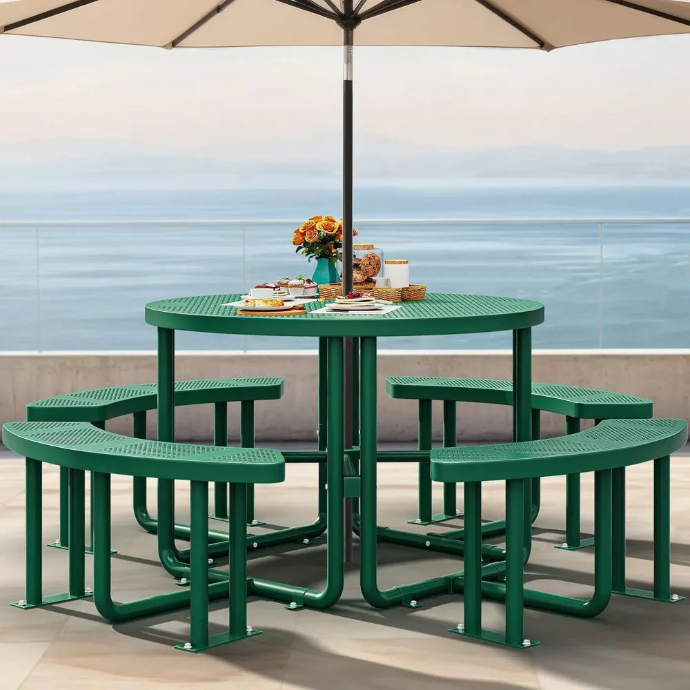 

37in Metal Picnic Table, Powder Coated Outdoor Picnic Table with Heavy-Duty Steel Frame, Adjustable Seats & Umbrella Ho