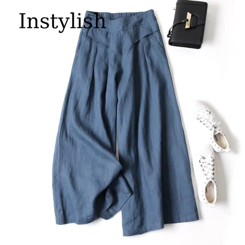 Womens High Waist Pleated Pure Linen Wide Leg Trousers Elastic Back Waist Pocket Loose Summer Office Commute Casual Daily Pants