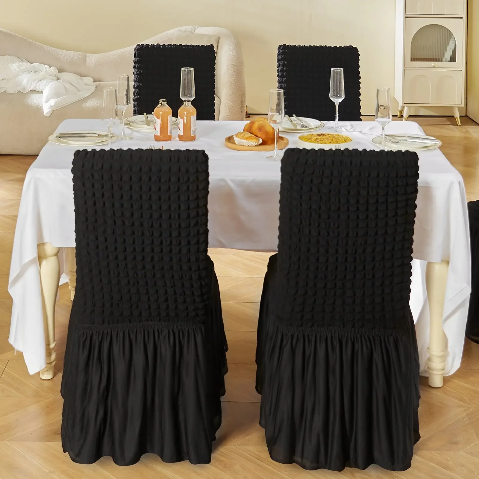 

4 PCS Black Folding Chair Covers Universal Fitted Chair Cover w/Skirt Removable Washable for Wedding/Banquet/Celebration/Dining