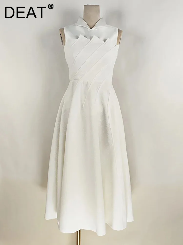 

DEAT Patchwork Lapel Slim Zipper Women's Dress 2024 Summer Sleeveless A-line Mid-calf Solid Color Female Dresses New 13DB2464