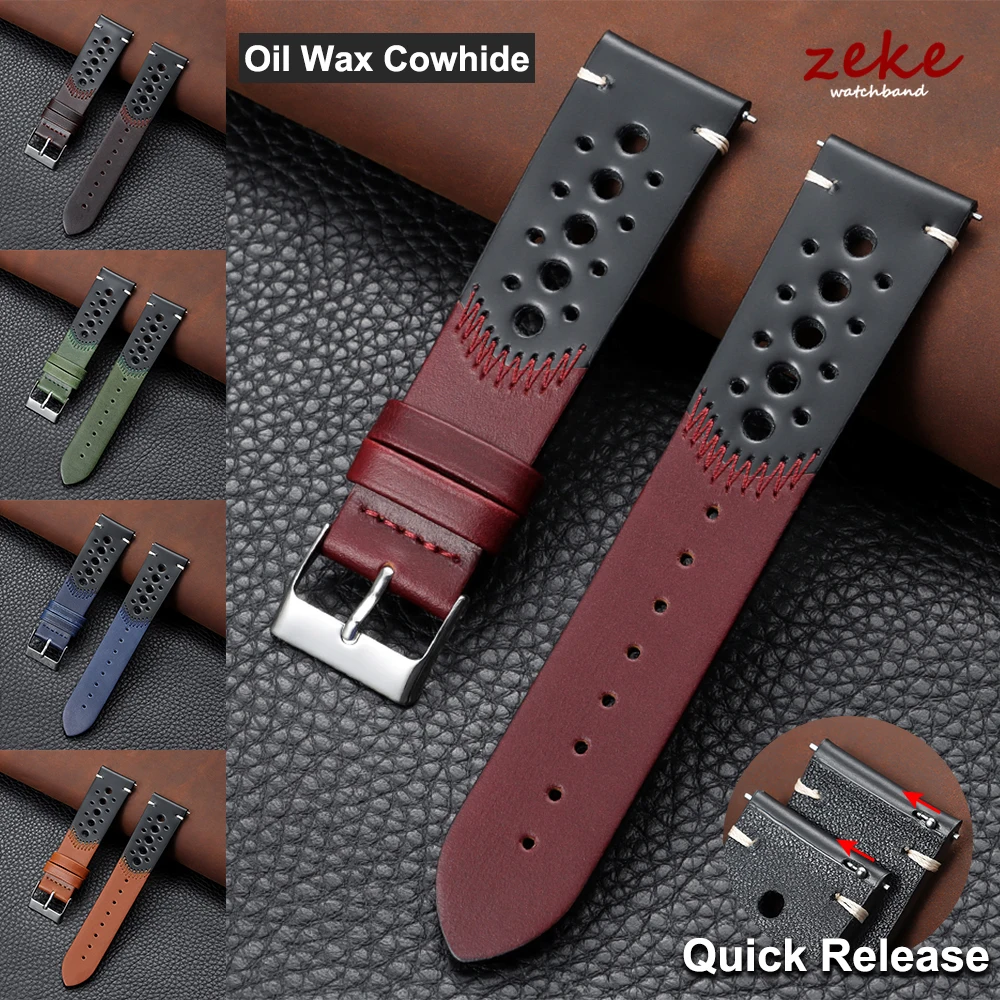 Breathable Cowhide Watch Band Oil Wax Genuine Leather Bracelet Quick Release 20mm 22mm Straps Black Brown Red Wristband for Men