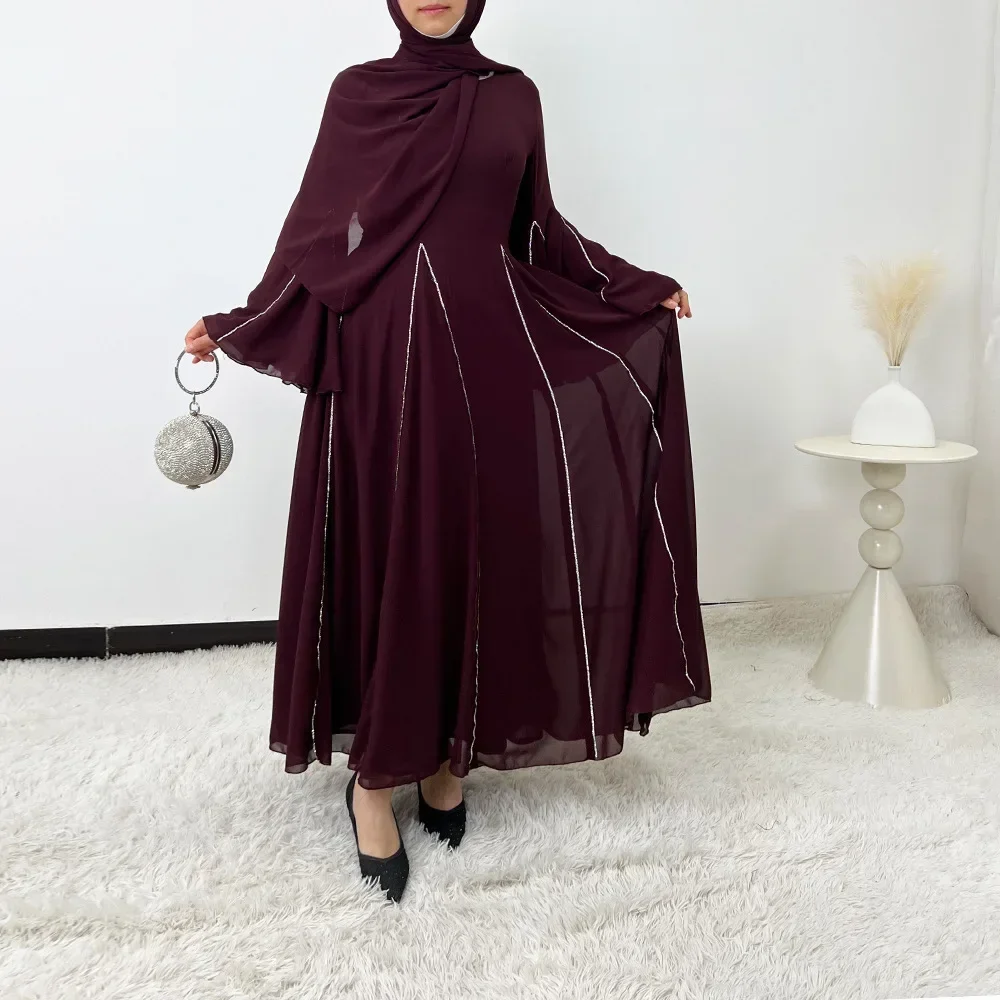 

Diamonds Chiffon Prom Dresses Hijab for Elegant Women Long Sleeve A Line High Waisted Muslim Musulmane Femme Evening Party Gown