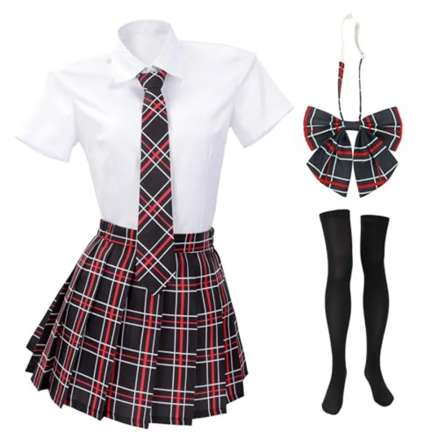 

Женский японский костюм-униформа (размер США) с клетчатым галстуком-бабочкой и носками, 5 предметов
