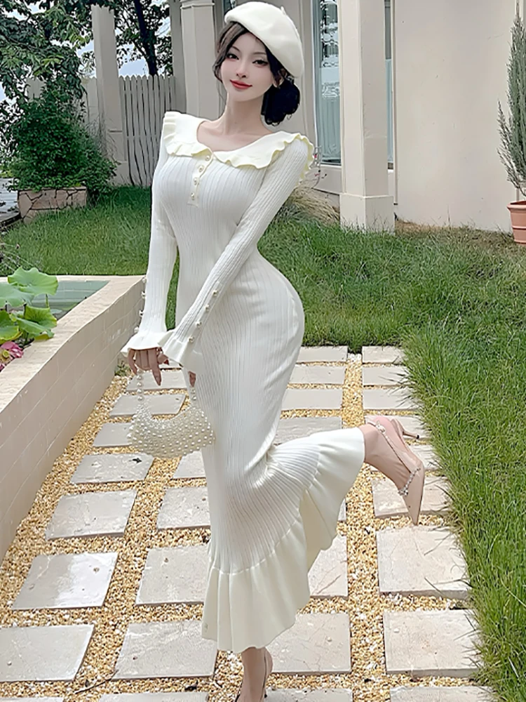 2025 rot Gestrickte Patchwork Weiße Puppe Kragen Langes Kleid Frauen Elegante Rüschen Prom Kleider Herbst Winter Koreanische Bodycon Pullover