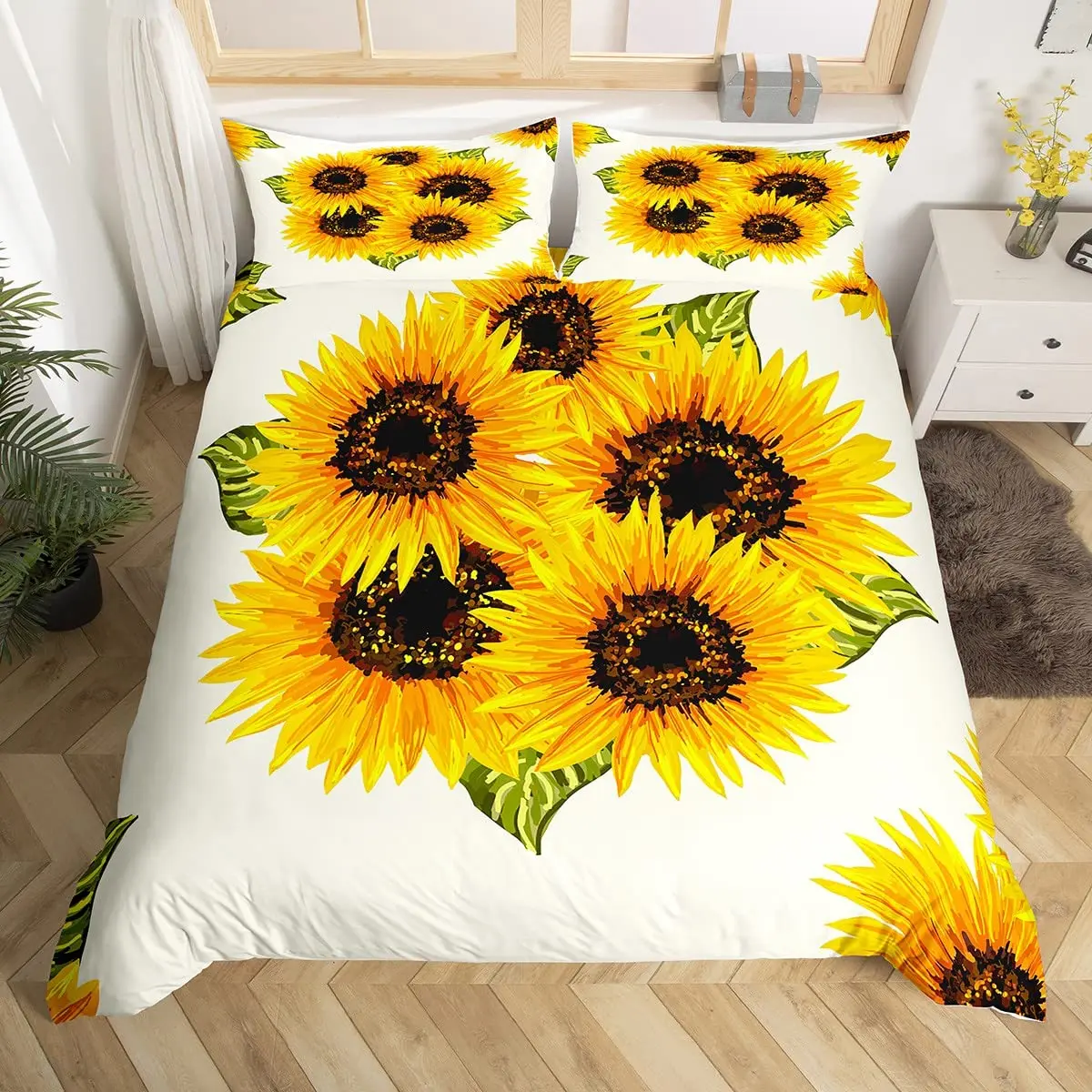 Sunflower Duvet Cover Set Yellow Floral Bedding Set Full King Size for Girls Women Modern Style Botanical Floral Comforter Cover